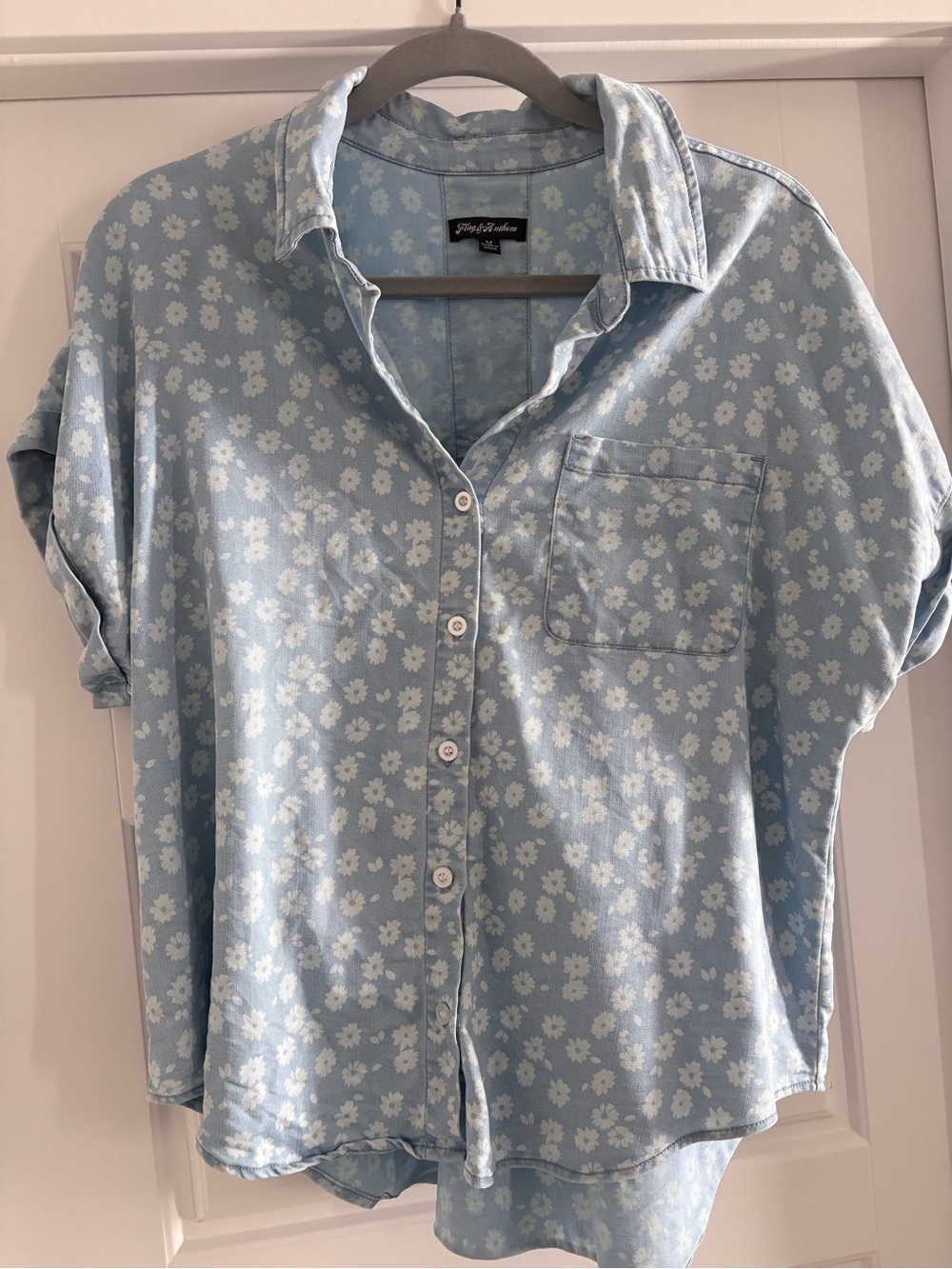 Light Blue Denim Floral Button-Up Shirt